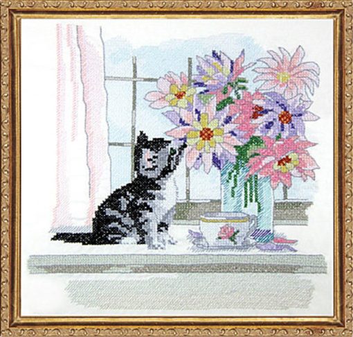 Design Works CAT With VASE STAMPED Cross Stitch Kit 12"x12" ~ Stamped Embroidery Kit