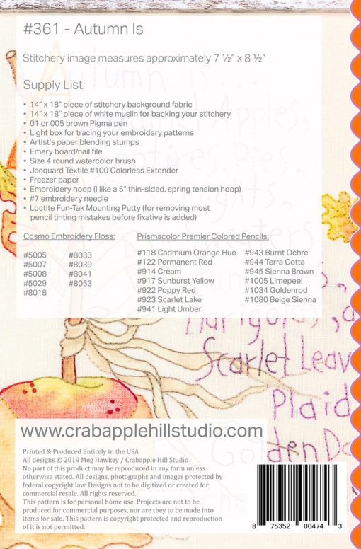 Crabapple Hill Studio AUTUMN IS Hand Embroidery Pattern