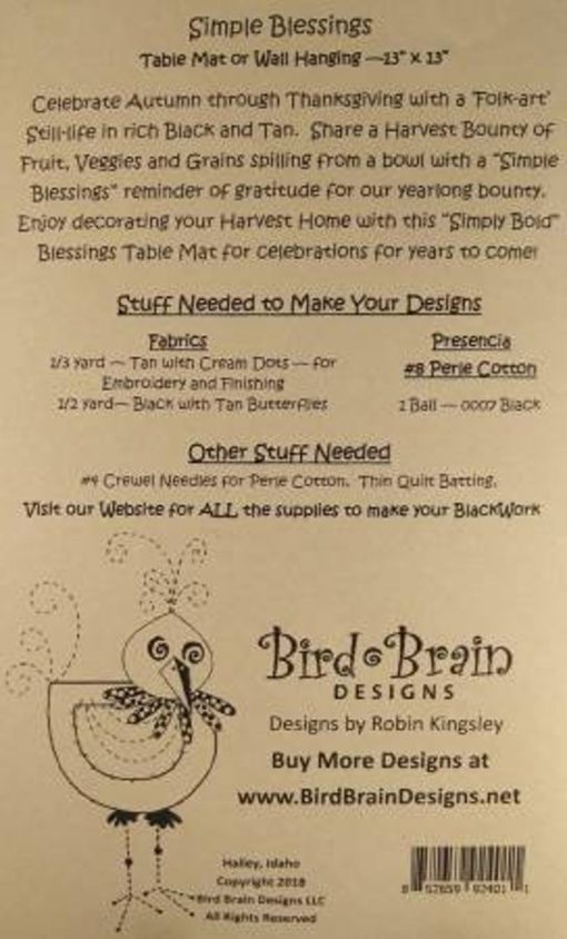 Bird Brain Designs SIMPLE BLESSINGS Hand Embroidery Pattern