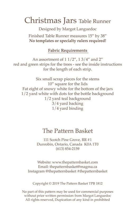The Pattern Basket CHRISTMAS JAR Table RUNNER Quilt Pattern