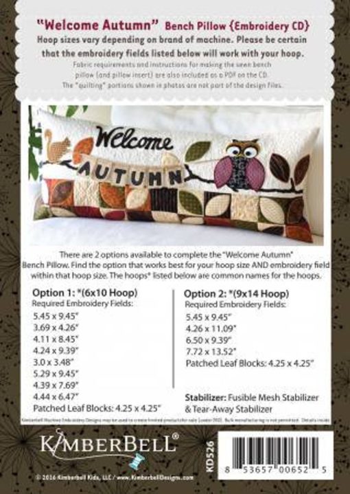Kimberbell Designs WELCOME AUTUMN Bench Pillow - Machine Embroidery CD