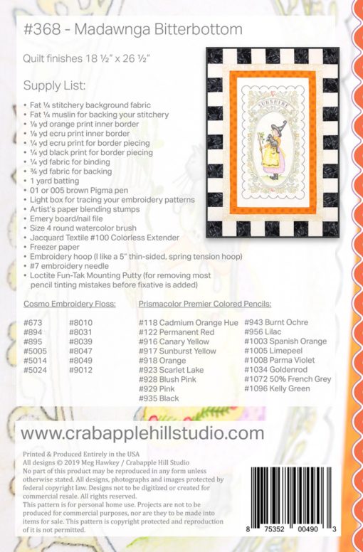 Crabapple Hill Studio MADAWNGA BITTERBOTTOM Hand Embroidery Pattern