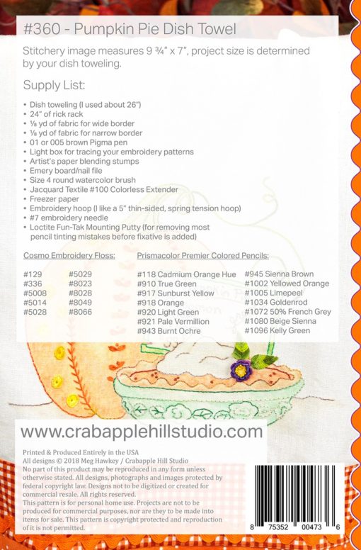 Crabapple Hill Studio PUMPKIN PIE DISH Towel Hand Embroidery Pattern