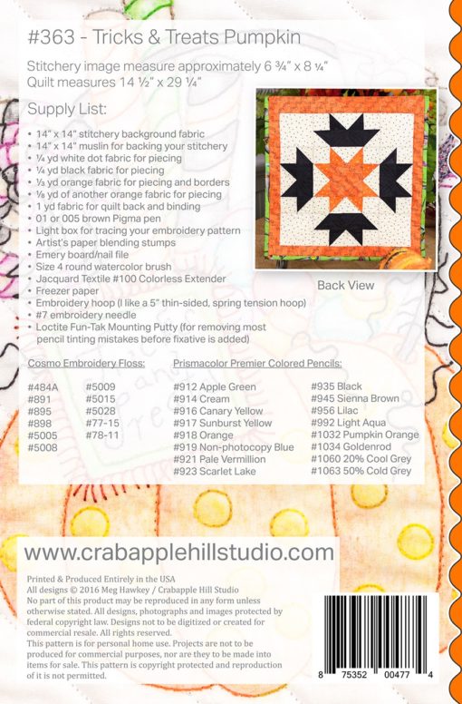 Crabapple Hill Studio TRICKS & TREATS PUMPKIN Hand Embroidery Pattern