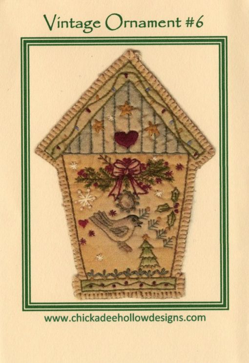 Chickadee Hollow Designs Vintage CHRISTMAS ORNAMENT BIRDHOUSE Hand Embroidery Pattern