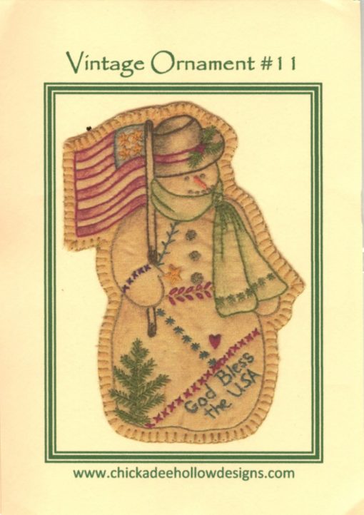 Chickadee Hollow Designs Vintage CHRISTMAS ORNAMENT SNOWMAN Hand Embroidery Pattern