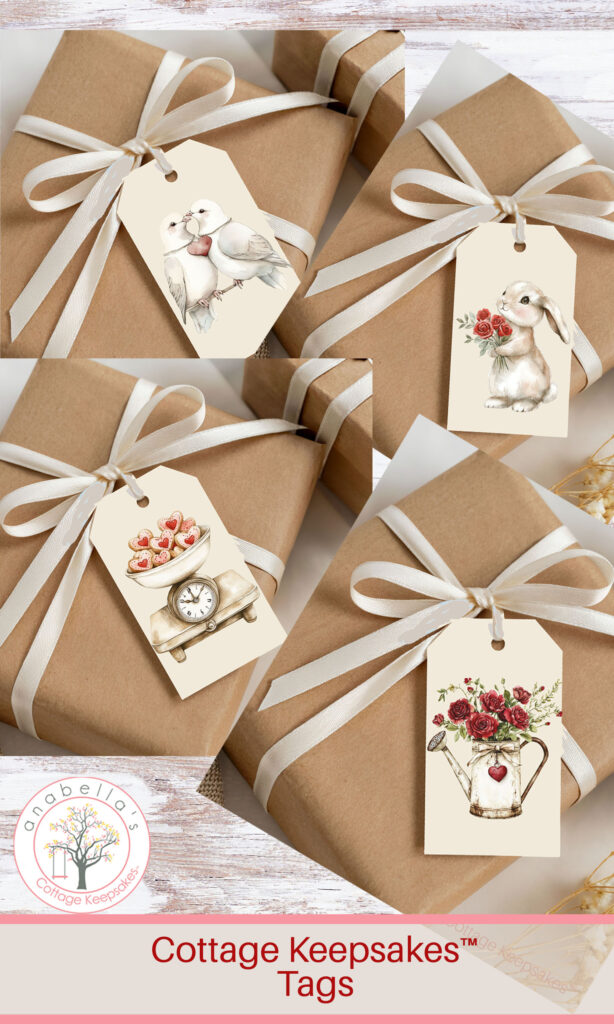 Cottage Keepsakes™ February Gift Tags | Set of 4 Printable Valentine Gift Tags | Cozy Cottage Tags for Happy Mail ~ Anabella's