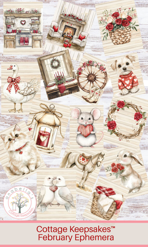 Cottage Keepsakes™ February Ephemera | 16 Printable 3x4 Journaling Cards | Cozy Valentine Memory Keeping ~ Anabella's