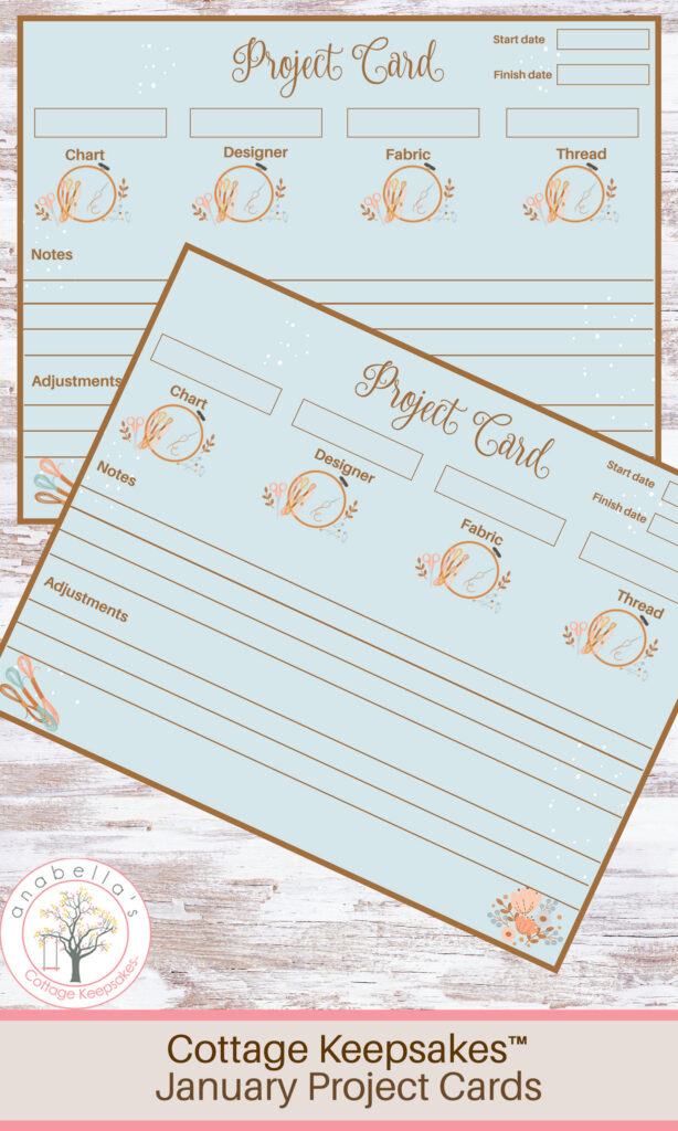 Cottage Keepsakes™ January Cross Stitch Project Cards | Printable Stitching Project Tracker | 4.75 x 3.75 ~ Anabella's