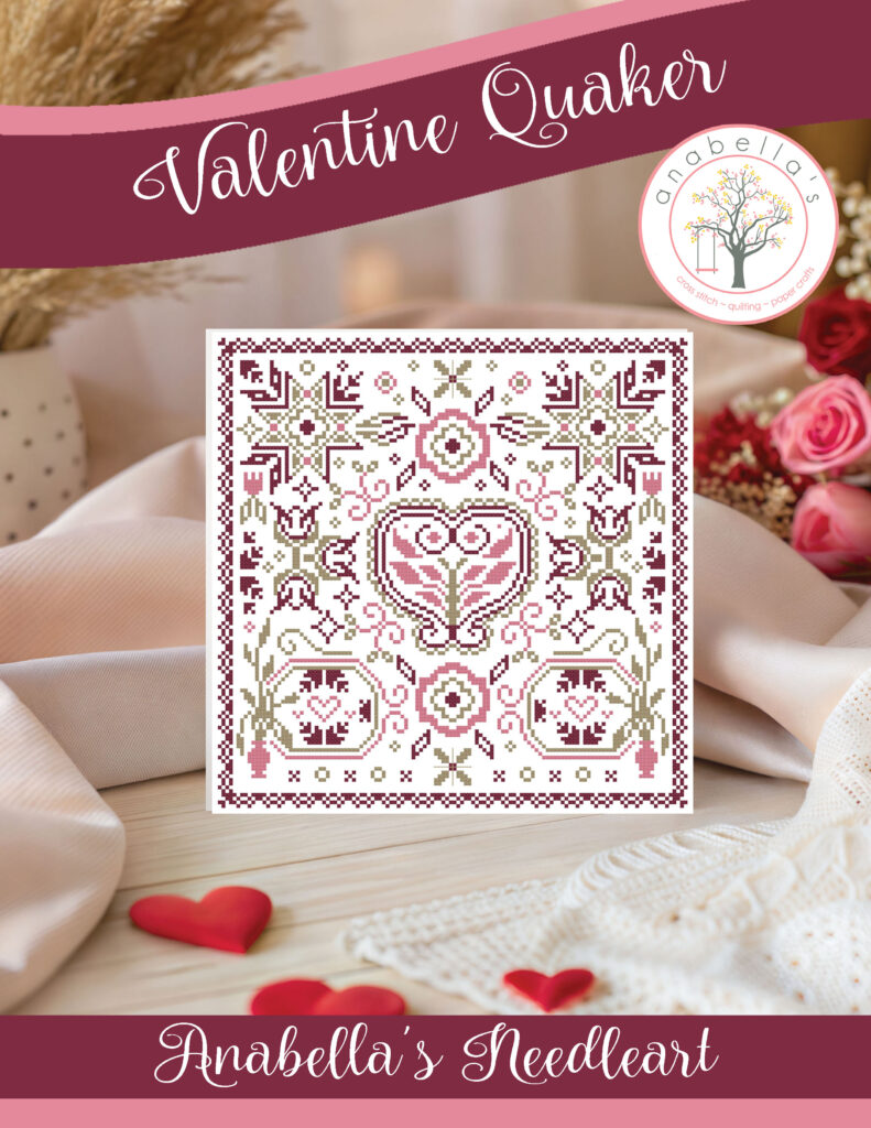 Valentine Quaker Cross Stitch Pattern – Paper Chart | Romantic Quaker Sampler | Primitive Valentine Design | Anabella’s
