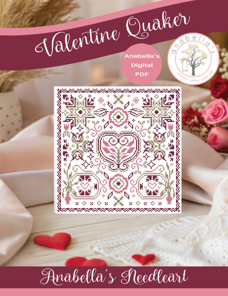 Digital Cross Stitch ~ Valentine Quaker Cross Stitch Pattern – PDF Cross Stitch | Romantic Quaker Sampler | Primitive Valentine Design | Anabella’s