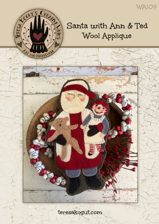 Santa With Ann & Ted Wool Applique Pattern by Teresa Kogut. Wool Applique Patterns at Anabella's Online Store