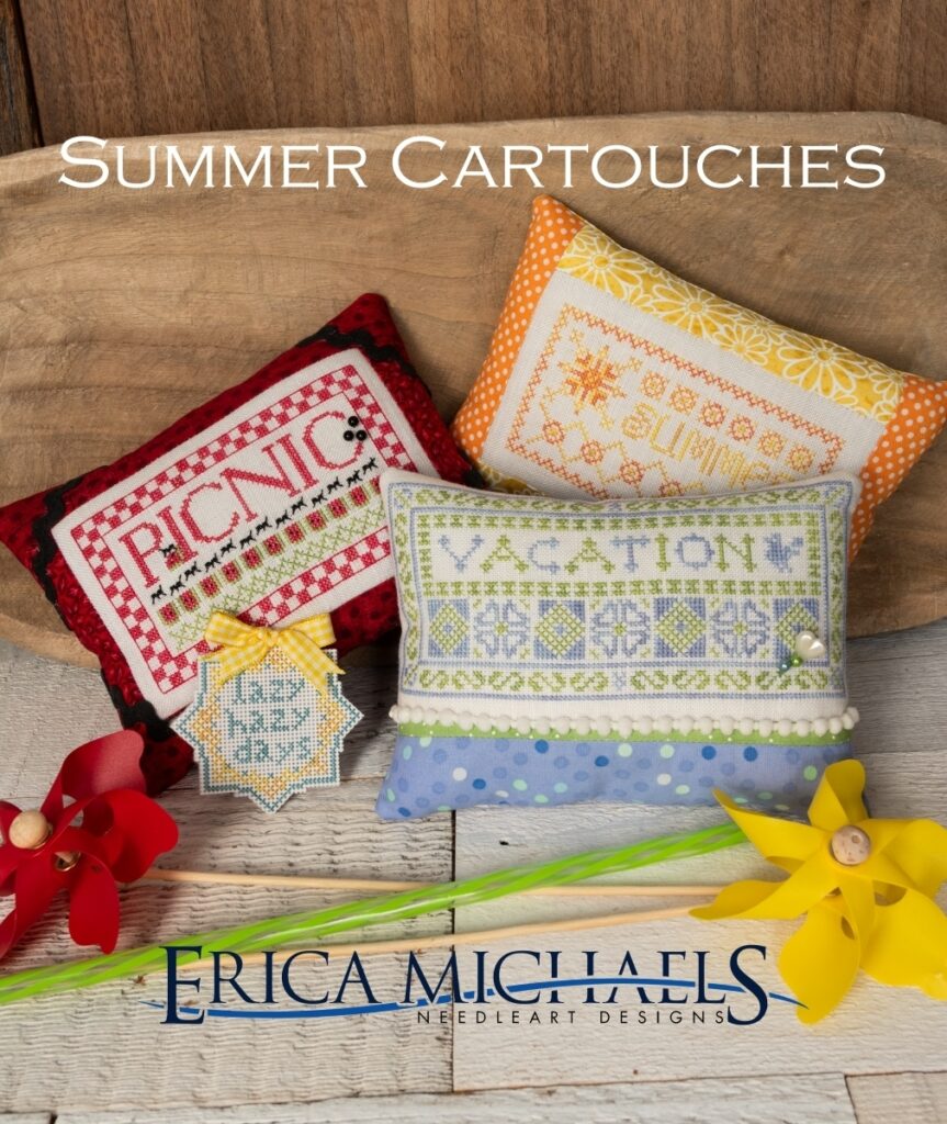 Summer Cartouches Cross Stitch chart by Erica Michaels - Set of 3 Summer Cross Stitch designs